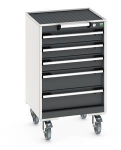 Bott Cubio 5 Drawer Mobile Cabinet with external dimensions of 525mm wide x 525mm deep  x 885mm high. Each drawer has a 50kg U.D.L. capacity with 100% extension and the unit also features drawer blocking and safety interlocks.... Bott Mobile Storage Cabinet Drawer Trolleys 525mm x 525mm